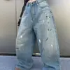 Jeans Retro Americanos de Cintura Alta de Pierna Ancha para Mujer 2025 Nuevo Estilo Graffiti Personalizado Pantalones Sueltos de Largo Completo Pantalones Rectos Adelgazantes