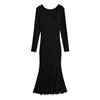 Vestido feminino de manga longa Lotus, passo a passo estendido, outono e inverno, gola quadrada, ombro a ombro, cintura marcada, sexy, justo, saia sereia