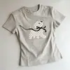 Camiseta Curta de Manga Curta com Estampa de Cachorro Bordada de Bolinhas Estilo Retrô Americano para Mulheres, Top Cropped Slim Fit de Alta Qualidade para o Verão