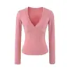 Top básico de manga larga para mujer, escote en V profundo, corte bajo, ajuste ceñido, colección de otoño, adelgazante, ajustado, camiseta sexy