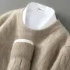 Suéter 100% Lana Pura para Hombre Cuello Redondo Jacquard Engrosado Color Sólido Suéter Casual de Negocios Capa Base de Punto de Cachemira