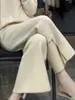 Pantalones de punto para mujer de lana 100%, de pierna ancha, ajustados, de cintura alta, con hebilla, color liso, sólidos, de moda, para ir al trabajo