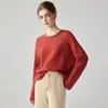 Fio Kangbaolai ~ 75% caxemira 25% seda de amoreira malha dupla gola redonda suéter de caxemira para mulheres, solto e macio