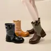Novas botas Martin estilo retrô britânico 2026, botinhas femininas, botas de cano médio com retalhos de couro genuíno, salto grosso, solado grosso, botas de montaria