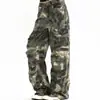 Pantalones cargo camuflados lavados de estilo retro americano, con pliegues y múltiples bolsillos, pantalones de pierna recta ancha apilados a la moda callejera