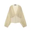 Venta al por mayor transfronteriza 2026 estilo europeo y americano moda casual simple empalme de encaje cuello en V camiseta top para mujer E526019