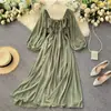 Vestido Estilo Gentil Chique Outono 2020 Novo Feminino Estilo Francês Retrô Gola Quadrada Estiloso Manga Bufante Vestido de Chiffon