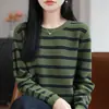 Suéter tejido de punto de algodón puro a rayas retro con cuello redondo para mujer, de manga larga, corte holgado, adelgazante, versátil, casual, estilo perezoso, suéter básico