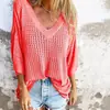 Especial Transfronterizo para Nueva Camiseta de Mujer Calada Manga Larga Tejido de Montaña Estilo Perezoso Sentido del Diseño Cuello en V Suéter Anti-tejido