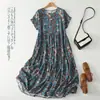 Tiro real algodón 2026 talla grande verano estampado suelto adelgazante manga corta vestido estilo artístico sensación relajada falda larga