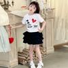 Traje de Moda de Estilo Coreano para Niñas Niños Medianos y Grandes Verano Nuevo Elegante Letra Manga Corta Falda de Pastel a la Moda Conjunto de Dos Piezas