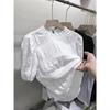 Camisa de gasa con mangas abullonadas estilo francés europeo para mujer, manga corta, verano 2024, nueva blusa negra elegante, cárdigan, hermosa camisa pequeña
