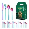 Mango cuadrado set de 24/30 piezas acero inoxidable juego de cubertería occidental cuchillo, tenedor y cuchara dorados estante de almacenamiento caja de regalo