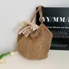 Bolso tejido hueco, estilo casual y relajado para mujer, bolso de paja de gran capacidad, perfecto para vacaciones en la playa, bolso de hombro para la playa
