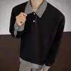Camisa Polo de Patchwork a Cuadros Falsa de Dos Piezas, Sudadera de Manga Larga para Hombre, Otoño e Invierno, Gama Alta, Elegante, Capa Interior Estilo Old Money