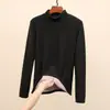 Camiseta básica de gola semi-alta espessa com forro de fleece escovado para mulheres, roupa íntima de outono e inverno, top básico quente preto de gola média de alta qualidade