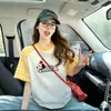 Camiseta de Manga Corta a Cuadros Azules Estilo Japonés para Mujer con Estampado de Perro de Dibujos Animados, Corte Holgado, Cubre la Cadera, Top de Moda