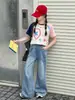 Conjunto de Verano para Niñas 2026 Nuevo Elegante Conjunto de Dos Piezas de Camiseta de Manga Corta y Pantalones de Mezclilla para Niñas Mayores, Delgado de Verano