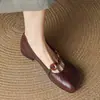 Sapatos Mary Jane Femininos Versáteis de Couro Macio, Bico Redondo, Salto Bloco, Alça Elástica com Botão, Boca Rasa, Estilo Nicho Retrô