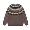 Suéter de tricô Fair Isle estilo preguiçoso retrô americano Magic Bear, uma sofisticada blusa de tricô com gola redonda e design de zíper parcial