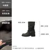 Botas Altas de Tacón Grueso con Hebilla Retro de Venta Caliente para Mujer 2026 Nuevas Botas Fruncidas con Tira Cruzada y Punta Redonda Botas de Montar Versátiles