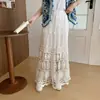 Traje de Férias Boêmio para Mulheres, Estilo Coreano, Crochê Resistente com Recortes, Cintura com Cordão, Saia Evasê Versátil