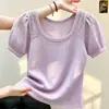 Blusa de tricô de verão da moda para mulheres, camisa versátil de manga curta slim fit vintage estilo coreano única com ombros normais