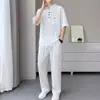 Conjunto de Gelo de Seda Masculino de Manga Curta e Calça Longa para o Verão de 2026, Luxo Leve, Confortável, Casual, Conjunto de Duas Peças Masculino com Decote V