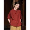 Blusa de Algodão e Linho Estilo Retrô Artístico com Gola Diagonal e Fechamento por Botões para Mulheres, Camisa de Manga Curta Fina de Verão Novo Estilo Chinês Estilo Nacional Zen Chá