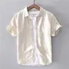 Camisa transpirable de lino puro para hombre, manga corta, top holgado, para verano, fina, con solapa, camisa blanca de algodón y lino