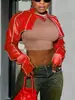 Chaqueta de Cuero con Empalme Línea de Moda Callejera Europea y Americana 2024 Otoño Nuevo Estilo Fresca Cuello Alto Ajustada de Manga Larga