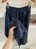Calça casual feminina reta de perna larga azul marinho com estampa de floco de neve e diamantes, fina, cintura alta, para o verão de 2026, com um toque vintage relaxed