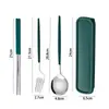 Conjunto de Hashi e Colher Garfo de Aço Inoxidável Conjunto de Três Peças Caixa de Armazenamento Fofa para Viagem de Estudante Utensílios de Mesa Portáteis para Uma Pessoa