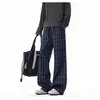 Pantalones a Cuadros Azul Oscuro Retro Americano para Hombre Corte Limpio Casual Micro Acampanados Otoño Invierno Streetwear Pantalones de Pierna Recta Extendida