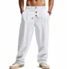 Calça Masculina Longa de Linho Europeia e Americana com Decoração de Botões Respirável Solta Esportiva Casual com Cinto