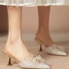 Mules de Verano para Mujer con Punta Abierta 2026 Nuevo Estilo Punta Fina con Pedrería Tacón de Aguja Estilo Francés Sin Espalda Sandalias Transparentes