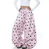 Pantalones de Paracaidista con Estampado Completo de Cerezas de Lunares Americanos Rosa Verano Nuevo Diseño Sueltos Casuales de Pierna Ancha para Mujer