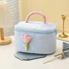 Bolsa de Maquillaje de Pana Color Crema, Tacto Suave y Ceroso, Decoración de Tul, Bolsa de Maquillaje Portátil de Gran Capacidad para Llevar en la Mano