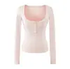 Camiseta de manga larga con cuello en U estilo perezoso, top corto de tirantes para mujer con sujetador incorporado, conjunto casual