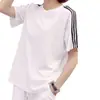 Traje de ropa deportiva casual de algodón para mujer, verano, manga corta, shorts, pantalones capri, moderno, holgado, tres barras, ropa para correr al por mayor