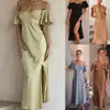 Transfronteiriço 2024 Primavera e Verão Novo Transfronteiriço Amazon Elegante Manga Curta Sexy Costas Nuas Decote V Fenda Vestido