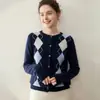 Cárdigan de cachemira con cuello redondo para mujer, suéter tejido jacquard con bloques de color, chaqueta de punto, camisa exterior holgada de otoño e invierno, camisa base, top