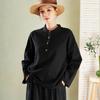 Camisa de Manga Corta Botonada con Cuello Alto de Algodón y Lino para Mujer 2026 Otoño Nueva Vintage Artística Estilo Chino Top para Mujer