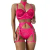 Lencería Sexy Tallas Grandes Europea y Americana Conjunto Sexy Estampado Moiré de Tres Puntos Conjunto Sexy de Encaje de Tres Piezas con Almohadilla en el Pecho