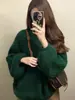 Suéter Grueso de Punto Navideño Estilo Coreano, Sensación Perezosa y de Alta Gama, Suéter Pulóver Verde Holgado para Mujer, Nuevo Modelo de Invierno 2025