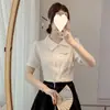 Nueva camisa blanca de mujer estilo chino para verano, con cuello asimétrico, manga corta de jacquard, borla vintage y blusa de satén abotonada