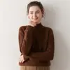 Suéter Feminino de Caxemira com Borda Enrolada Gola Alta Meia Pulôver Outono e Inverno Padrão Onda Nova Tricô Jacquard Manga Longa Base