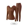 Ropa interior cálida de encaje con cuello en V y cuello redondo, usable por ambos lados, para mujer, conjunto, ropa para embellecer la piel con ácido hialurónico, alta elasticidad, adelgazante, top de otoño, pantalones de otoño