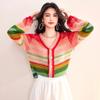 Suéter de mujer europeo y americano de comercio exterior transfronterizo, otoño e invierno, nuevo, arcoíris en contraste, retro chic, manga farol de alta gama, lana