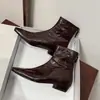 Botas Retrô Francesas Versáteis com Bico Quadrado de Pele Elástica Skinny para Mulheres Outono Inverno com Zíper nas Costas Emagrecimento Salto Grosso Botas Martin